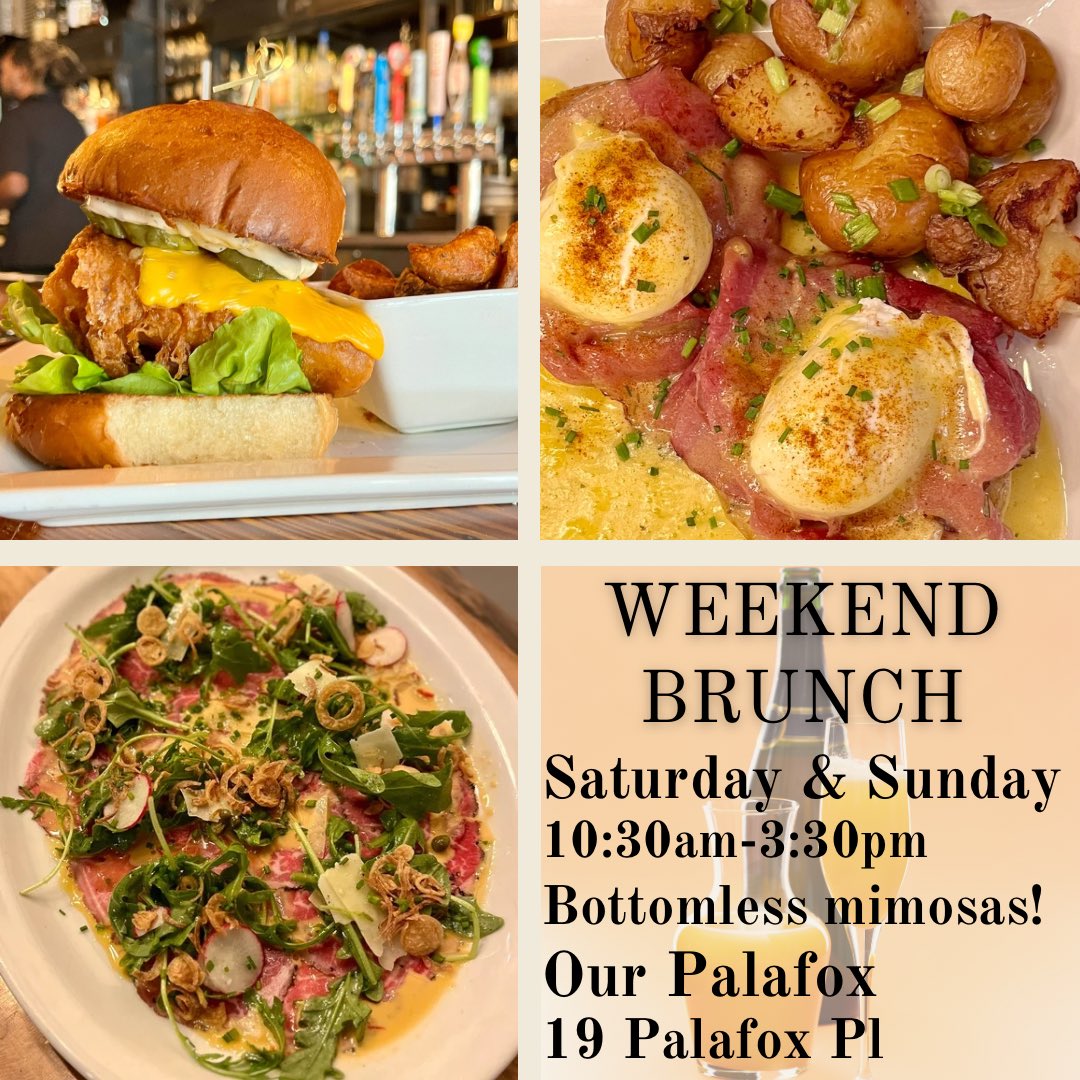 Looking for a delicious Weekend Brunch with bottomless mimosas?🥂Come try Our Palafox! 

We’re open for brunch from 10:30am-3:30pm on Saturday (open til 10p) and Sunday. We’d love to serve you soon!
ourpalafox.com