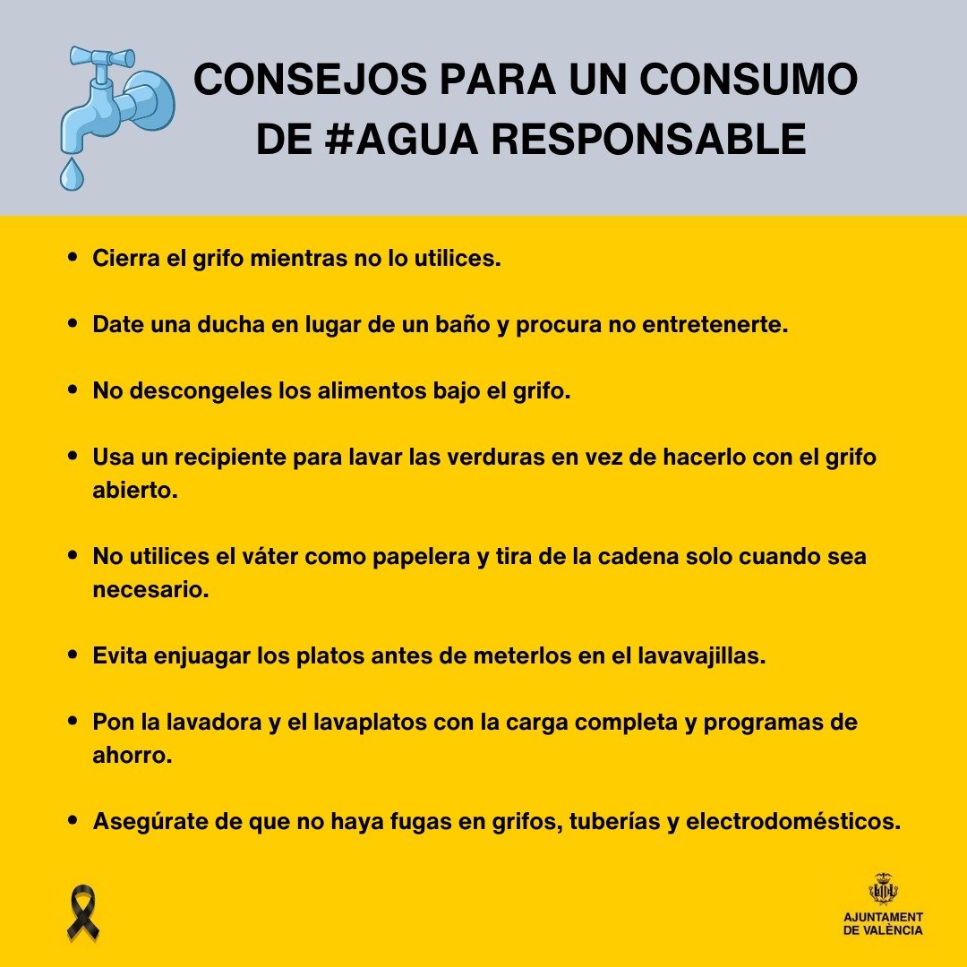 AjuntamentVLC's tweet photo. @policialocalvlc @protecivilvlc @GVA112 @FedVeinalVLC @Emshi_Agua @CatedraAguas @GlobalOmnium @Emivasa_oficial @ucvalencia @AVACUconsumo 🚨💧Hacemos un llamamiento a la ciudadanía de #València para que ahora, más que nunca, se haga un consumo responsable del agua, con el fin de asegurar el suministro de agua potable a los municipios del #AMV más golpeados por la #DANA. 

Gracias.

▶️ Te dejamos unos consejos👇 https://t.co/BImwUz4QS5