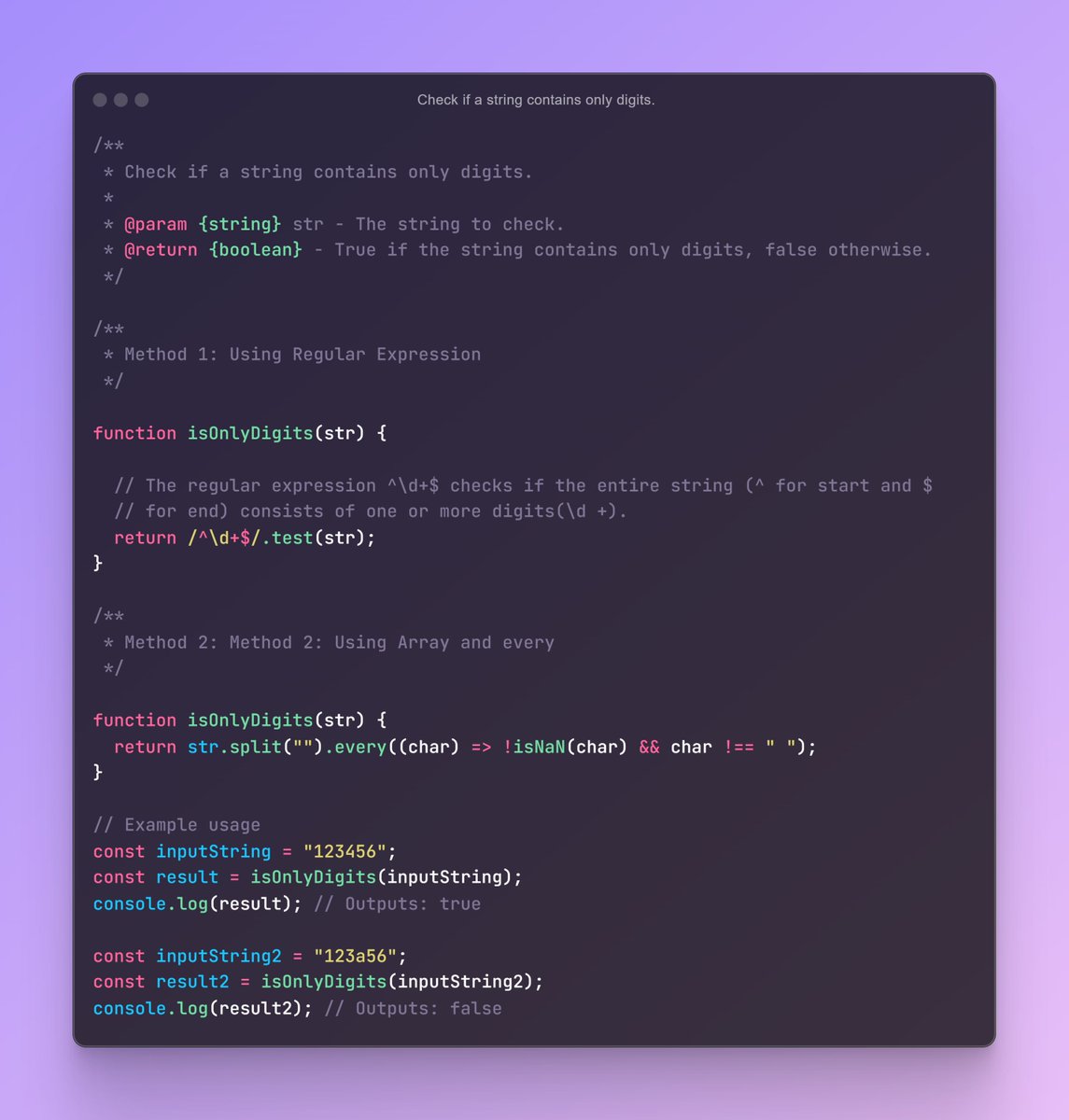 iamtazheeb's tweet image. ⚡Check if a string contains only digits.
📝 05/12 : String Interview Question(s):
🎯 Day 13 of 75 Days Coding Interview Question (JS)
#javascriptcode #web #javascript #programming #coding #javascriptdeveloper #interviewquestion #tazheeb #tazheeb_shamsi #coding_question