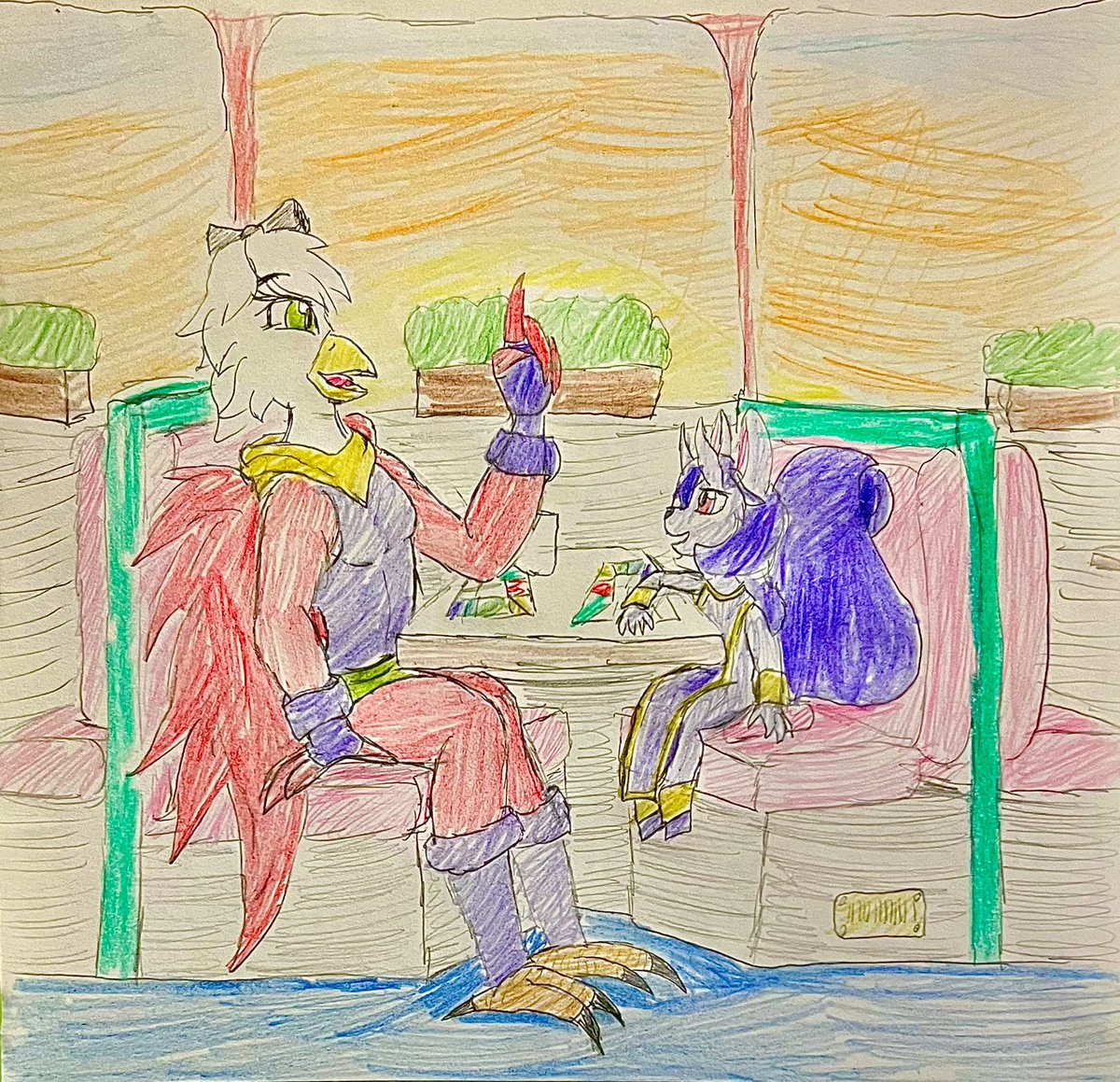 To be a part of a asu art my friend Gack offered to cover and i offered art in return, so, here is ninja birb and imp gack having a chat in a diner! They belong to <a href="/McGack1/">McGack🔞</a> this took so long to make, burnout is real!