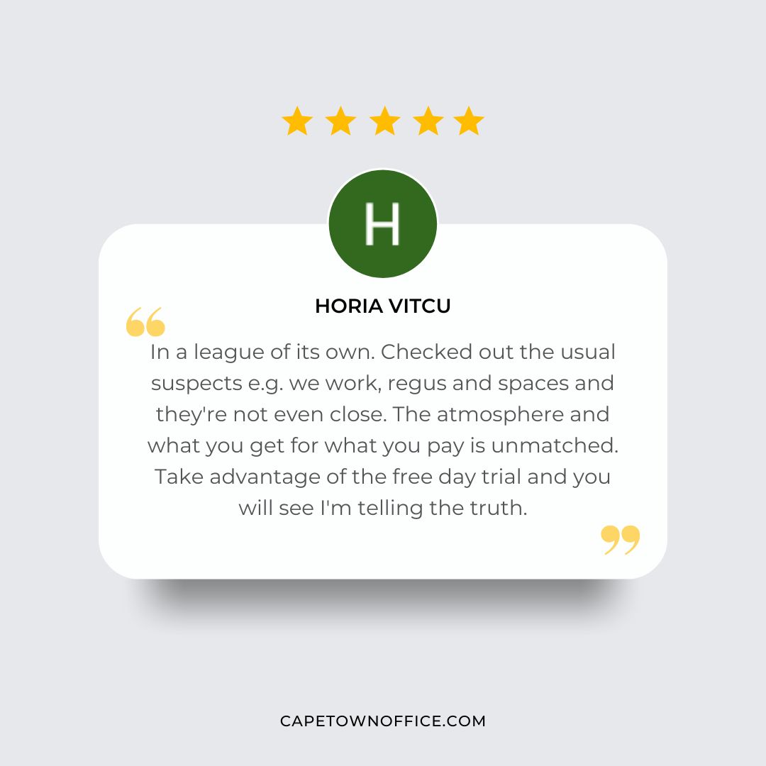 🌟 **We're Grateful for the Support!** 🌟

Over the past six months, we've received some incredible feedback from our community on Google! It’s been a true pleasure to provide a welcoming, productive space here at Cape Town Office 👇 #CapeTownOffice #5StarReviews #Community