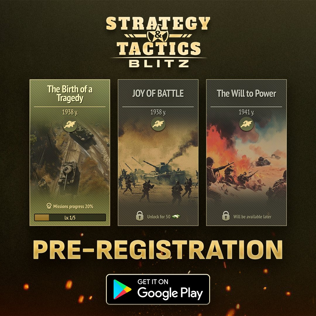 🎖️ Be among the first! Test your skills as a general in the Strategy &amp; Tactics: Blitz!
🆕 New free missions! 
🕒 No timers or limits! 
⚔️ Can choose historical leaders!
📲 Free pre-reg on Google Play: herocraft.com/a/stblitz
Release on November 15th! 🤫Also coming to iOS!