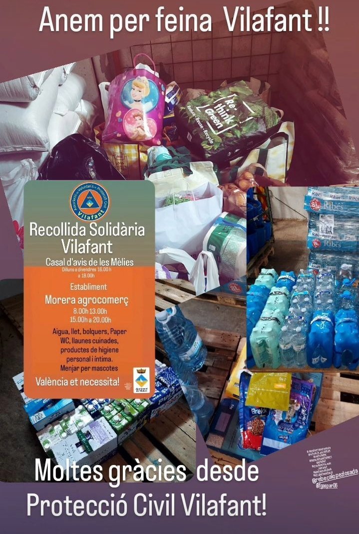 AvpcVilafant's tweet photo. Recollida solidària d'aliments amb @avpcvilafant per ajudar a les persones afectades per  DANA.
S'habiliten dos punts de recollida:
Casal d'avis de les Mèlies de 16 a 18 h
Morera Agrocomerç de 8 a 13 h i 15 a 20 h
A la imatge els aliments i productes que podeu aportar per ajudar. https://t.co/Q80nu5tCJy