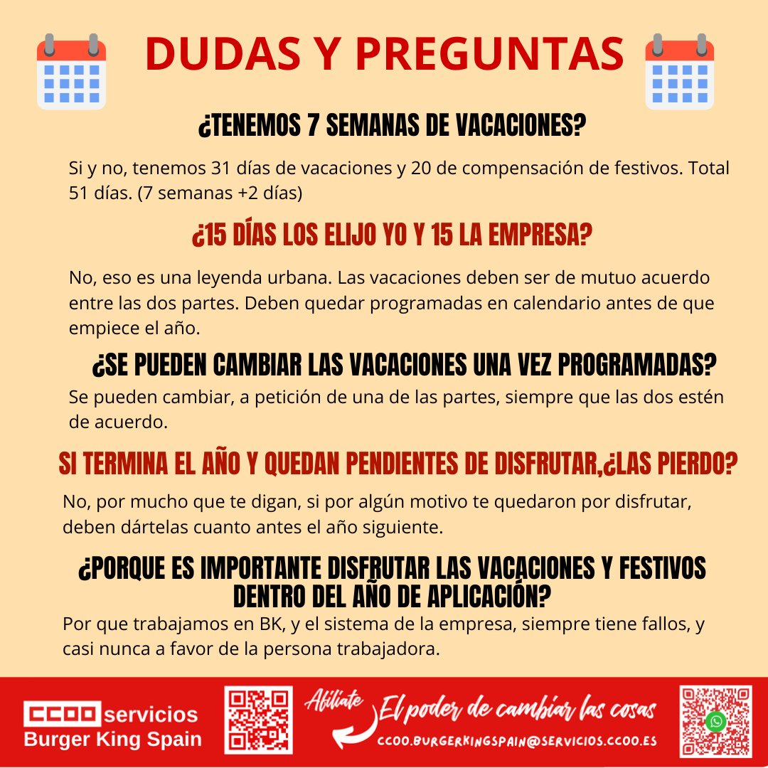 ccooburgerking's tweet photo. Ya se están programando las vacaciones del año 2025. 
Este mes os hablamos un poco de como debería realizarse el proceso de elegir y programar las vacaciones y la compensación de festivos. https://t.co/mvMfABAGAw