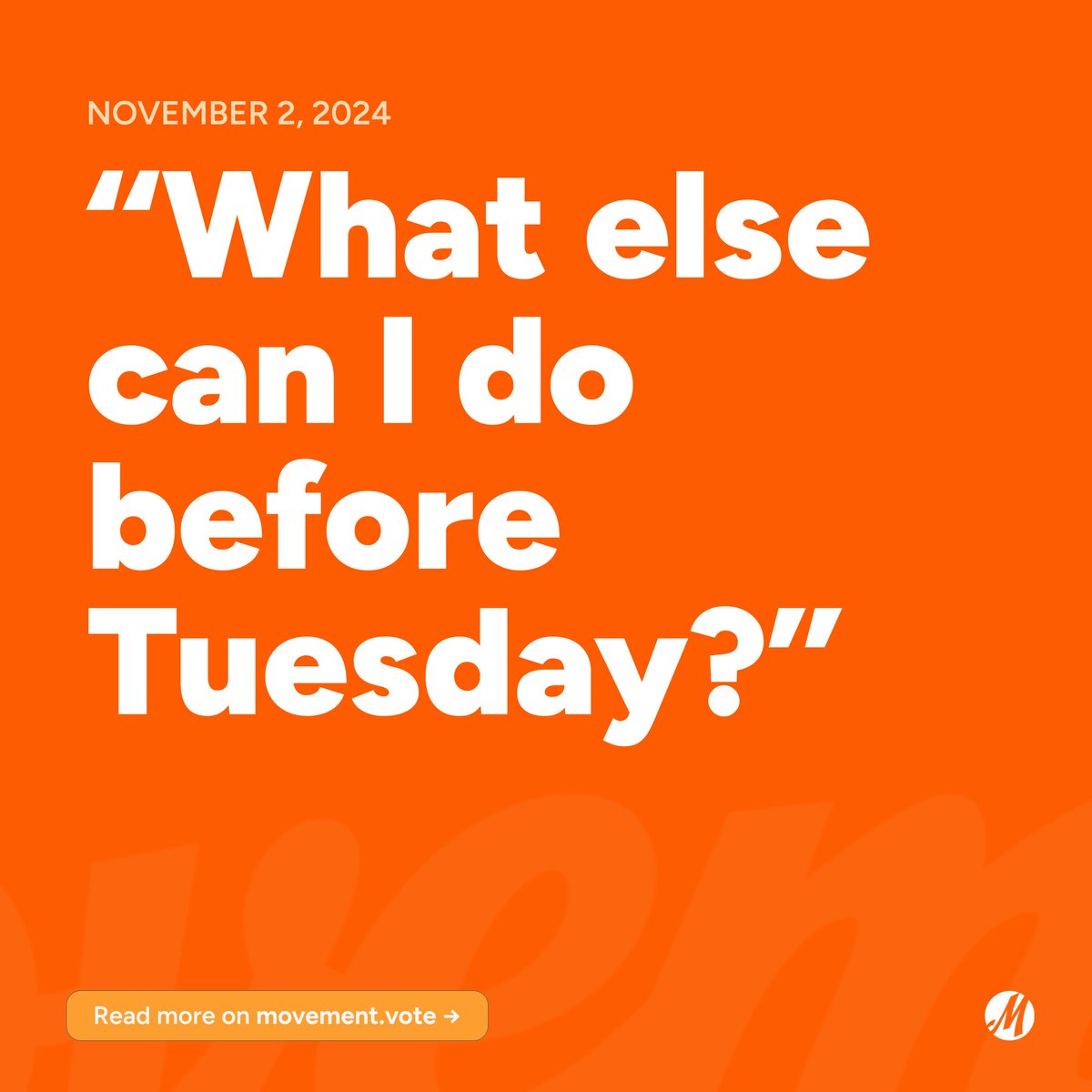 MovementVote's tweet image. If you’re itching to do more, here’s what you can do:
1. Donate all you can to swing-state organizers turning out every last vote. secure.actblue.com/donate/mvpac?r…
2. Get out the vote (by text, phone, or in person). movement.vote/gotv/?refcode=…
Read our full letter: movement.vote/blog/what-else…