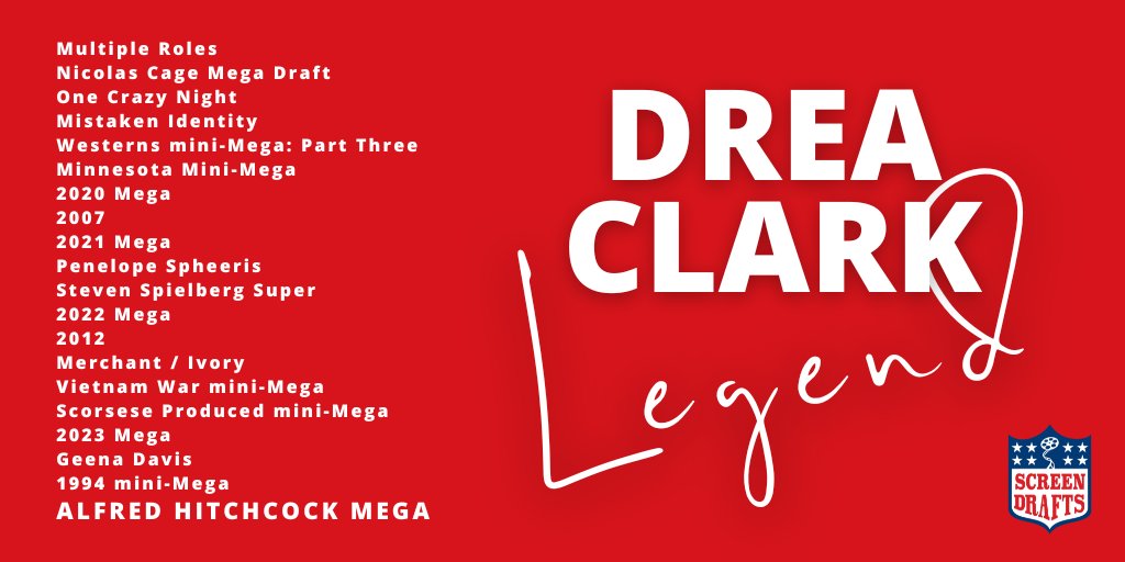 ScreenDrafts's tweet image. With 20 draft appearances, few people have had a bigger impact on the landscape of definitive screen-centric lists than the Queen of the Midwest...

Please join us in celebrating the newest Screen Drafts Legend, the one and only @TheDreaClark!