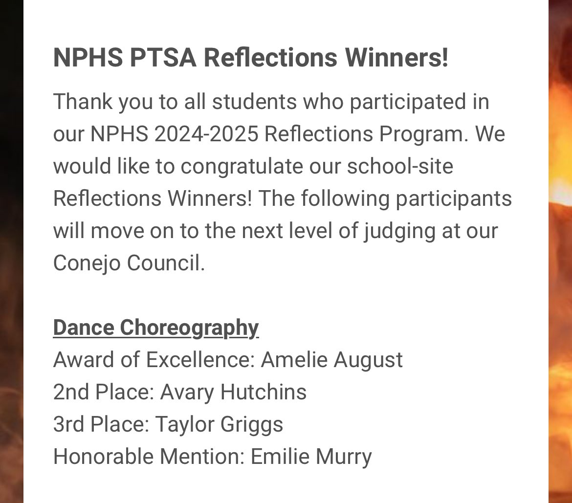 nphsdance_cam's tweet photo. Congratulations to our 4 IB dance students who entered and placed in the reflections dance choreography program. Best of luck in your second round at the conejo council level. 🖤💛 #ibdance @NPHS_Activities https://t.co/iDklCjkVjf
