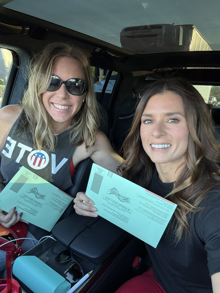 DanicaPatrick's tweet photo. Go vote and bring a friend!!! If they tell you to get out of line at closing time, don’t. That is illegal and considered voter suppression. It is your right to vote if you were in line before closing. Everyday! (I voted last week and tracked it and it has been counted.)

Let’s not win, let’s make news by how much we win by!!!!!! 🇺🇸🇺🇸🇺🇸🇺🇸🇺🇸🇺🇸🇺🇸

Maybe someday a shirt saying “proud American” won’t mean I am Republican. It will mean just what it says! 

If you want to get ahead of the game - 
https://t.co/iLW1kHprgR