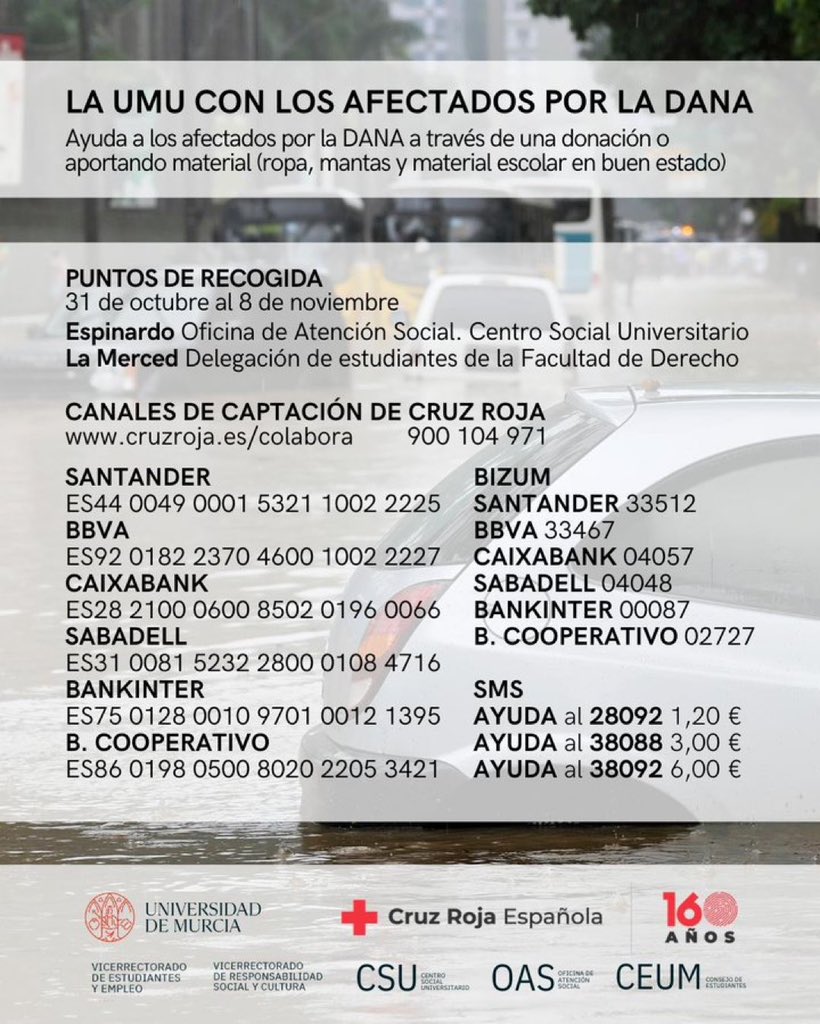 ceum_es's tweet photo. RECOGIDA DE MATERIALES @UMU - DANA 🙏

🗓 de LUNES A VIERNES, desde 31 octubre hasta el 8 de noviembre

📍 en los siguientes puntos: 

📚 Campus de la Merced (Aulario, Delegación de Derecho)

🤝 Campus de Espinardo (Centro Social Universitario, Oficina de Atención Social) https://t.co/JE9lq6bW19