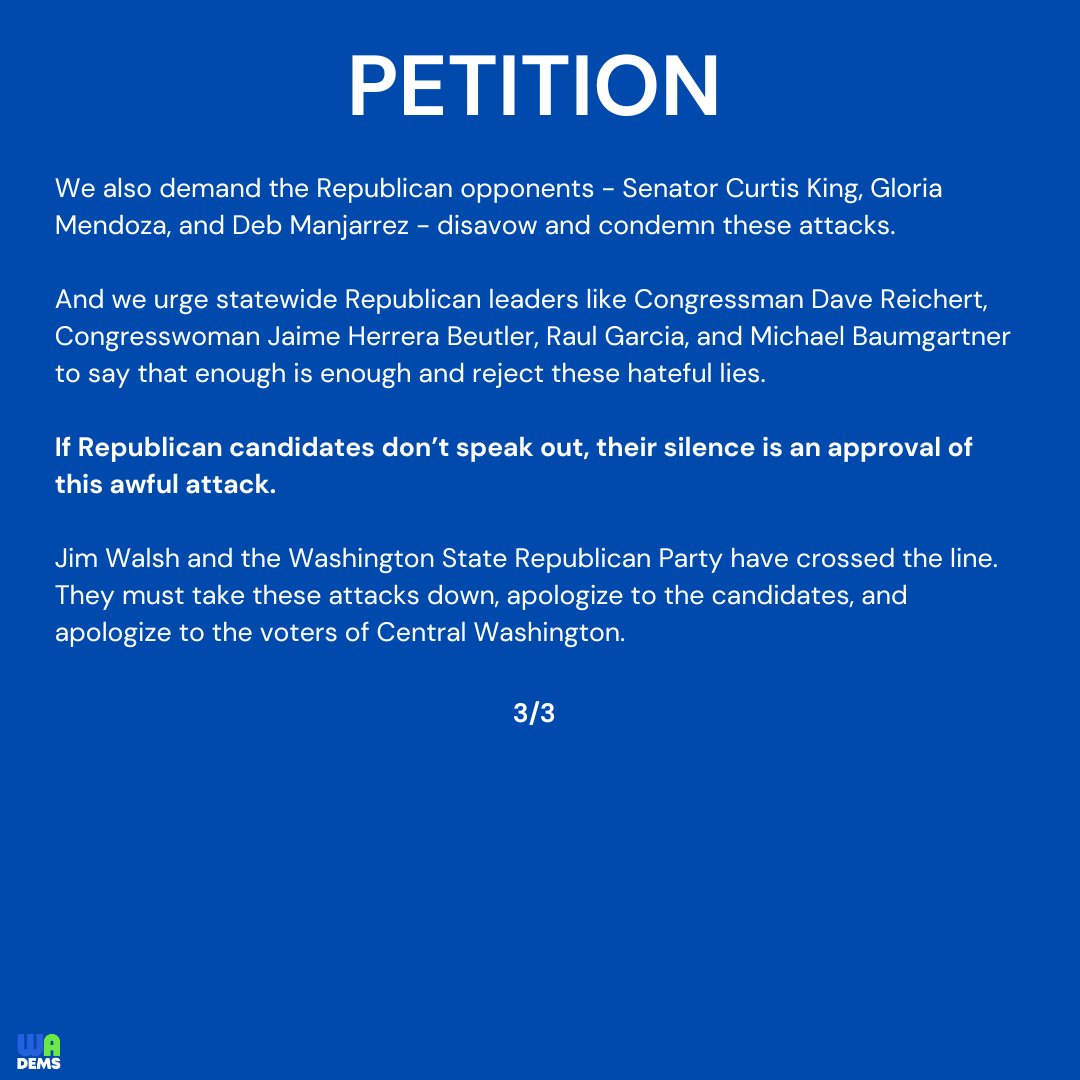 Sign the petition + call on the WA GOP to condemn these vile and deceitful attacks on Maria Beltran, Chelsea Dimas, and Ana Ruiz Kennedy of District 14. If Republicans don't speak out, their silence is an approval of this awful attack. ➡️SIGN HERE: bit.ly/3NVrchC
#waelex