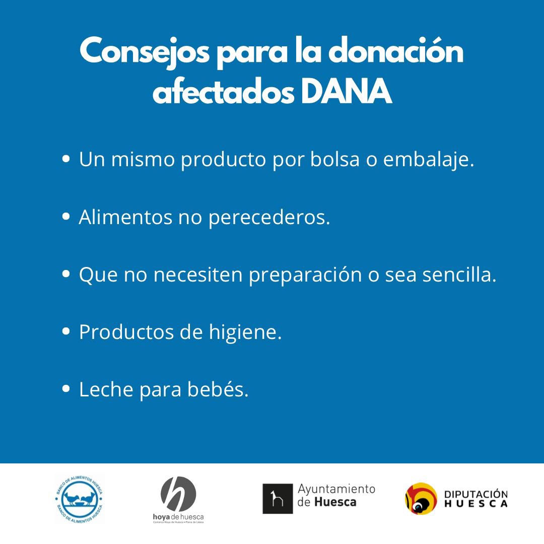 aytohuesca's tweet photo. 🔈Donaciones solidarias para las víctimas de la DANA.
El Ayuntamiento habilita un edificio para el Banco de Alimentos. Desde el lunes, las entregas de alimentos pueden realizarse en este punto.
Info 👇🏼 https://t.co/6CtuFOVRLT