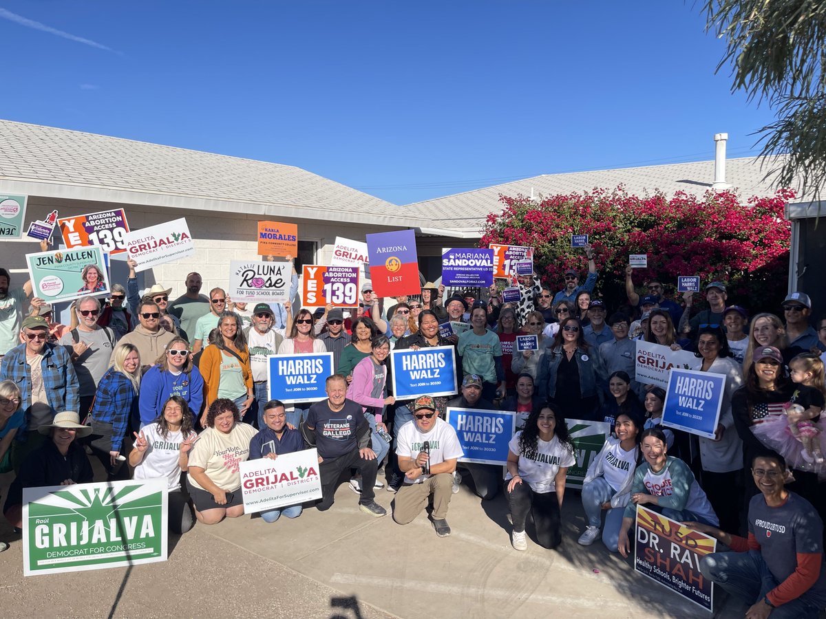 standwithraul's tweet photo. Thank you to our incredible volunteers who showed up in force in #Tucson to knock doors at our final Saturday canvass before Election Day. We're working hard to #KeepAZblue!
Together, we're making a difference — one door at a time. #LetsWinThis #HarrisWalz https://t.co/1tjXgnALXu