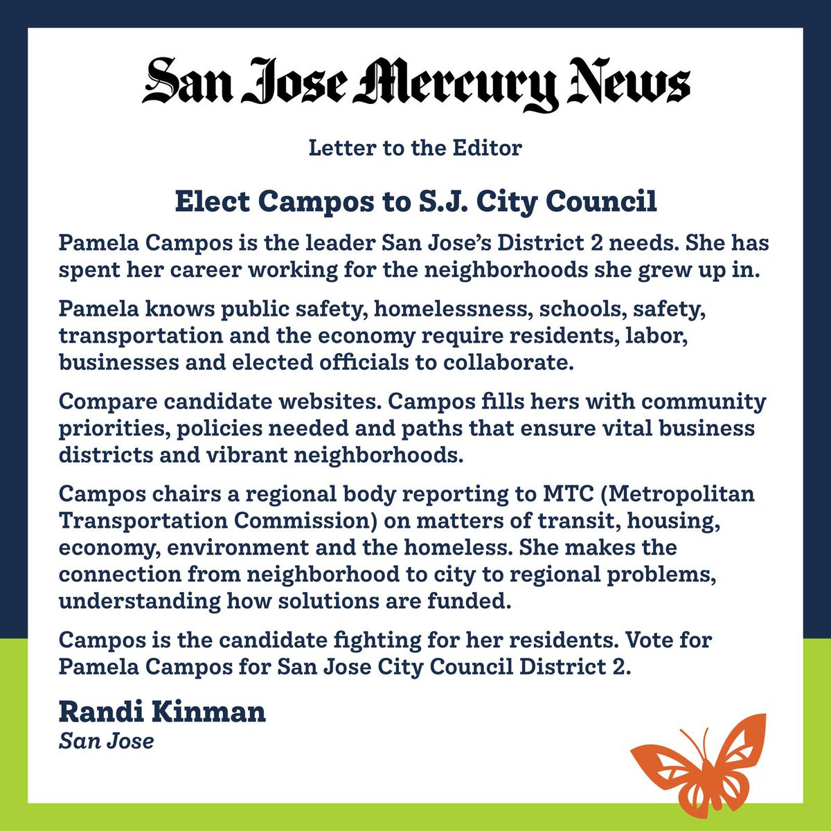 We’re working hard to reach out to D2 neighbors &amp; they're reaching out to each other too! Shout out to Randi who shared her support for our campaign with our community 🧡 To get involved &amp; take part in this historical election, register here: bit.ly/WALK4PAMELA🦋 #Pamela4SJ