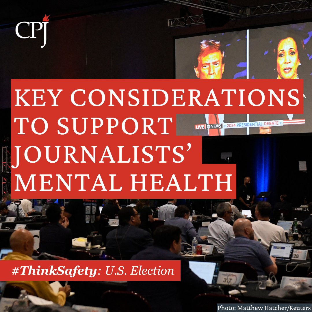 pressfreedom's tweet image. Newsroom leaders: It’s important to prioritize the well-being of your staff — especially in the lead-up to #ElectionDay.

CPJ is here to ensure journalists have the tools to protect their psychological safety. Check out our #ThinkSafety tips here⤵️ 
cpj.org/safely-coverin…