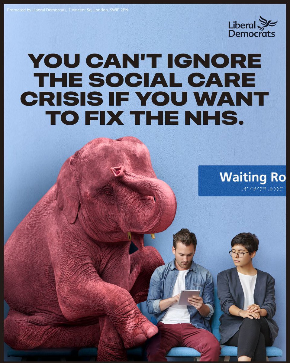 LibDems's tweet image. The Government is still ignoring the elephant in the NHS waiting room: the crisis in social care.

It&apos;s time to end the dither and delay and begin cross-party talks on social care now. Otherwise we will never truly fix our NHS.