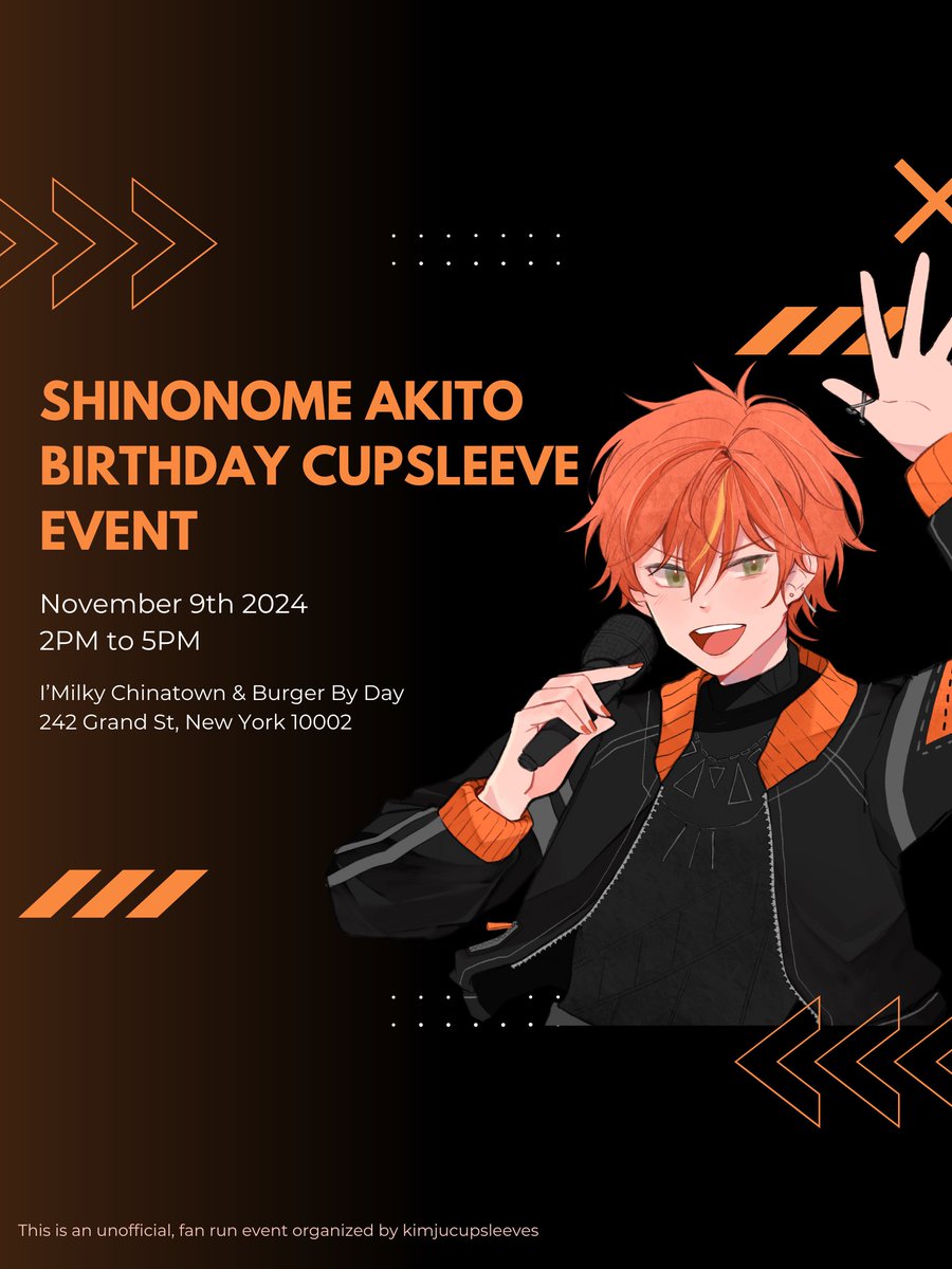 kimjucupsleeves's tweet photo. Project Sekai Shinonome Akito Birthday Cupsleeve Event in NYC  

🗓️ Nov. 9th 2024 
📍 242 Grand St, NY 10002 
🕑 2 - 5PM

Come by to get a cupsleeve + bonus merch, check out tabling prsk artists &amp; enter our giveaway for your chance to win an Akito nui!

More details ⬇️ https://t.co/eEV8ys4Xjt