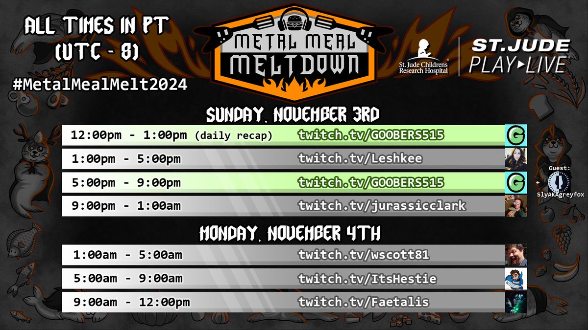 Day 2 of METAL MEAL MELTDOWN IS LIVE!!!!

WE CRUSHED day 1!

Get ready for a whole 24 HOURS of madness for <a href="/StJudePLAYLIVE/">St. Jude PLAY LIVE</a> with @goobers515 <a href="/SlyAKAgreyfox/">SlyAKAgreyfox</a>  <a href="/Leshkee/">Leshkee 🇵🇷</a> <a href="/JurassicClark_/">Jurassic Clark 🦖</a> <a href="/wscott81/">Will Scott</a> <a href="/ItsHestie/">Hestie</a> &amp; <a href="/Faetalis_/">Faetalis - Tech House Gremlin</a> 

#MetalMealMelt2024