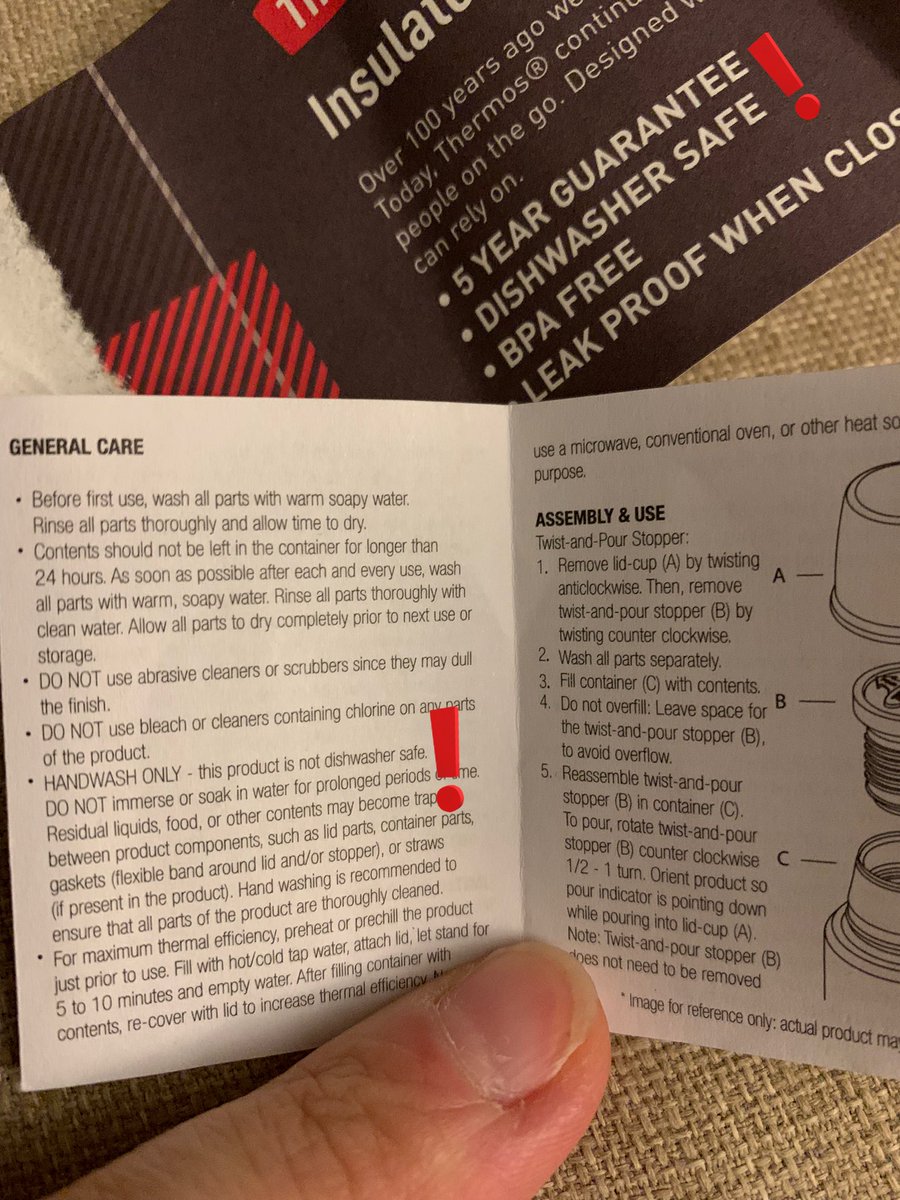 Treated myself to a new <a href="/Thermos/">Thermos</a> <a href="/ThermosUK/">ThermosUK</a> flask for winter. 🤔 out packaging said ‘Dishwasher safe’. I thought it unusual. Glad I doubted. The instruction leaflet (teeny tiny print) says it is NOT dishwasher safe! (Who reads flask instructions? I do!😊)