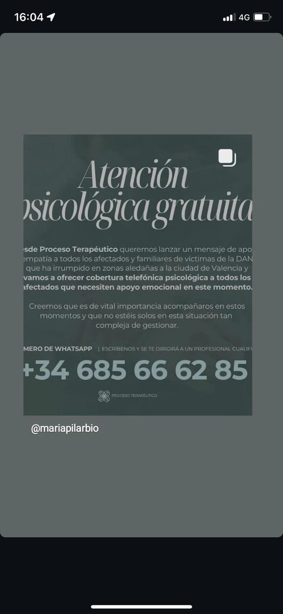 Me acaban de pasar esto también 

ATENCIÓN PSICOLÓGICA GRATUITA PARA TODOS LOS AFECTADOS Y FAMILIARES DE LA DANA 

Sé que estoy mazo pesada con este tema pero sinceramente creo que ahora hay que arrimar el hombro más que nunca