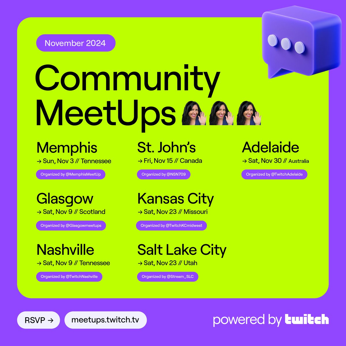 November is here and it’s bringing with it a new set of MeetUps, powered by Twitch.

Hop into Q&amp;As, make new friends, chat with Ambassadors, Unity Guild members, and much more.

Be a part of these events hosted by the community, for the community.