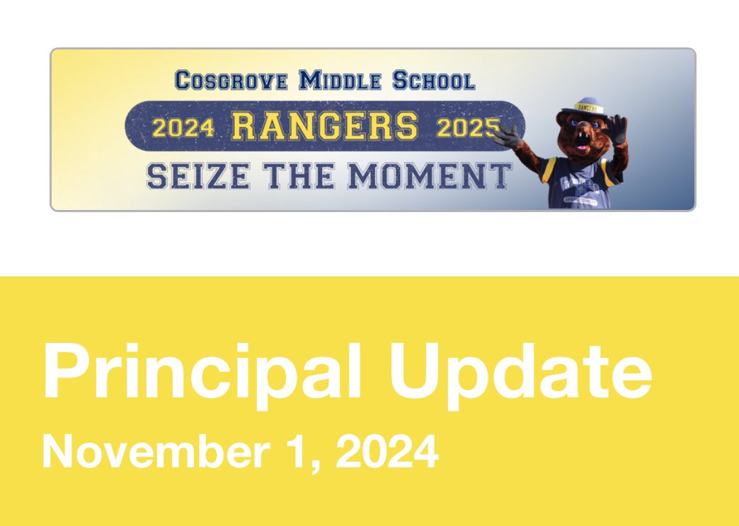 🐻💛 Ranger families: Please check your inbox/Parent Square for the latest update from Mr. Centola including details on upcoming letter day rotation/important dates, late arrival info, 7th grade Jr. Achievement field trip, 6th grade career day, and more. 💙🐻