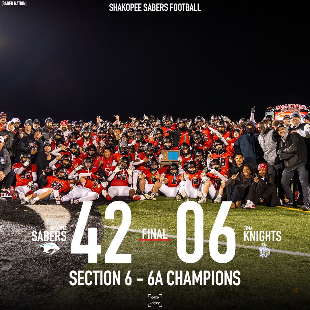 SaberFootball16's tweet photo. Section 6 -  6A Champions‼️‼️ Moving on to state next week in spring lake park where we will face off against Mounds View‼️ Congratulations Boys‼️ https://t.co/hlJy3UqZF1