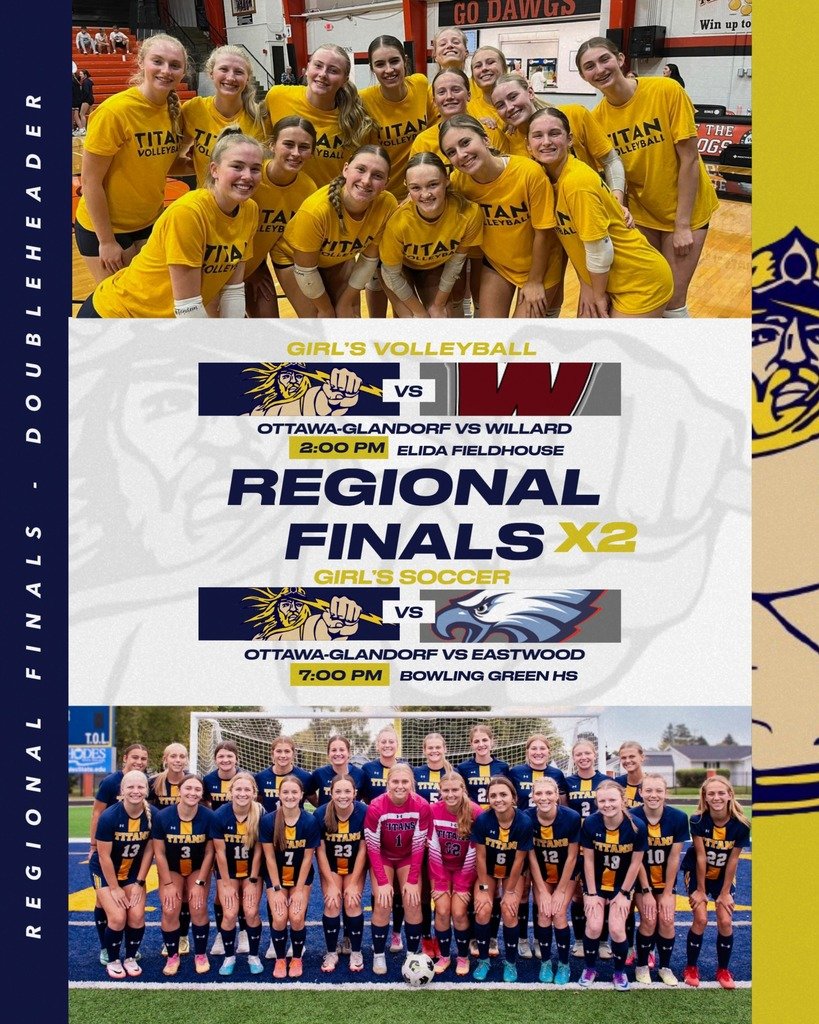 Regional Finals!

Volleyball vs Willard @ 2:00pm - Elida Fieldhouse
Girls Soccer vs Eastwood @ 7:00pm - Bowling Green HS

Come out and support your Lady Titans to victory! All tickets can be purchased online or at the gate. Adults: $11, Students: $5