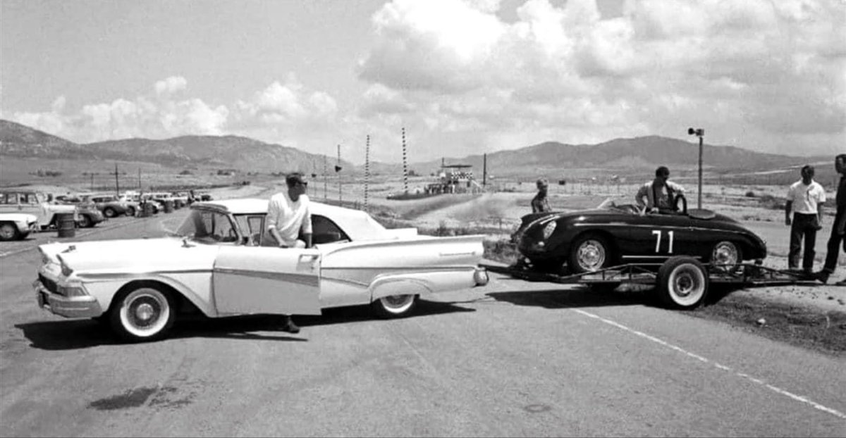 How cool is this? Trailering your Porsche Speedster behind your ‘58 Ford convertible with wire-spoke wheels and fender skirts. This guy was living his best life.