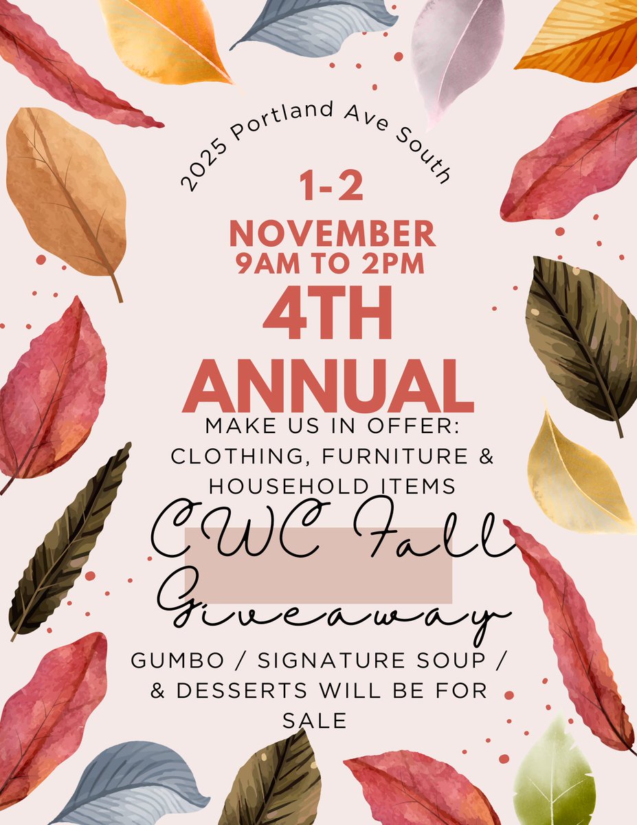 Today, 11-2, is the last day to support CWC's 4th Annual Fall Fundraiser for our birthing &amp; recovery initiatives!  9 a.m. -2 p.m. Purchase gumbo, signature soups, &amp; sweets as well as furniture &amp; clothing.