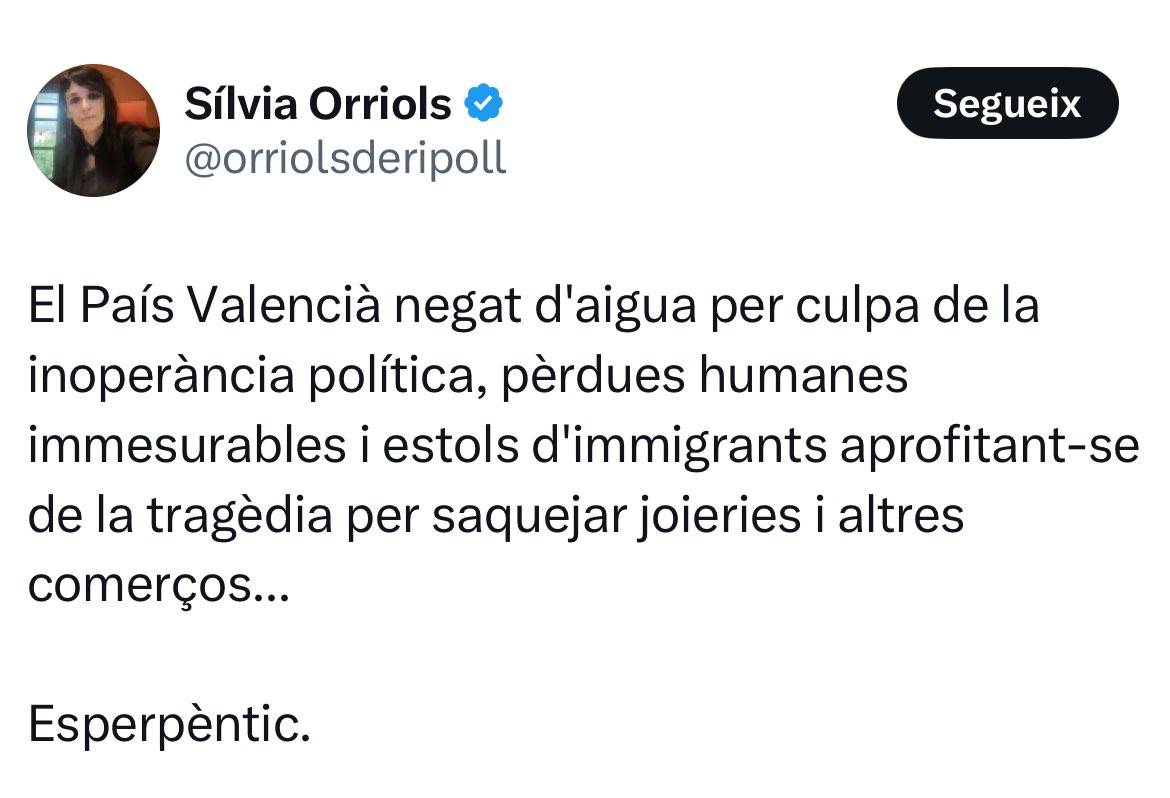 Aquesta és l'agenda miserable de l'extrema dreta. En moments de desesperació, amb 200 morts i 1900 desaparicions toca desviar l'atenció per evitar assenyalar als responsables. La seua negligència, la nostra misèria.