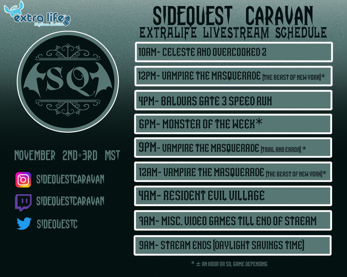 SidequestC's tweet photo. Hello everyone! Our #extralife schedule for this year !! Come and Join us for some fun while raising money for a great cause !! ~💫

#vtm #vampire #extralife2024  #vampirethemasquerade https://t.co/BDdYPqzRaH
