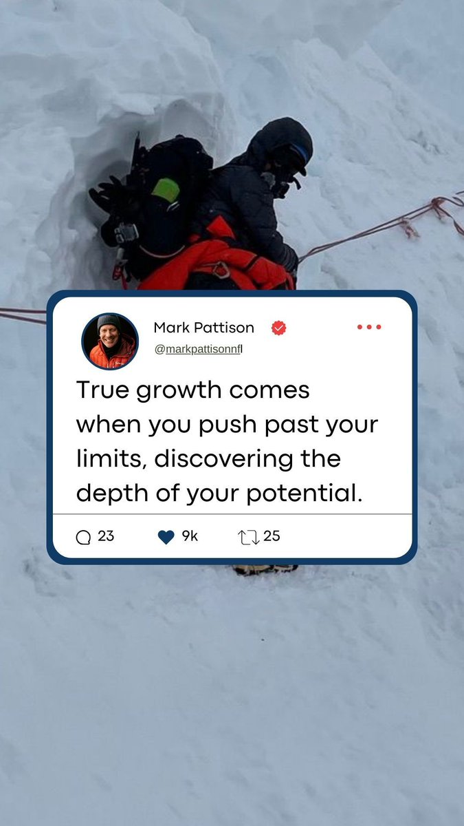 MarkPattisonNFL's tweet image. True growth happens when you push beyond your limits. The journey reveals the depth of your potential. 🏔️ 

#KeepClimbing #GrowthMindset #PushThrough