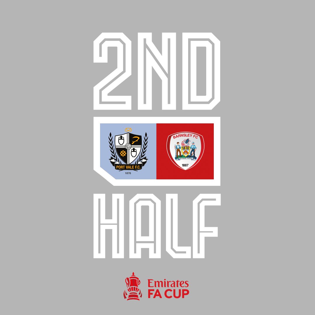 BarnsleyFC's tweet photo. 46'.  Back underway!

⚪️ 1-1 🅱️ | #EmiratesFACup 🏆 | #PVABAR https://t.co/T5xACctbs1