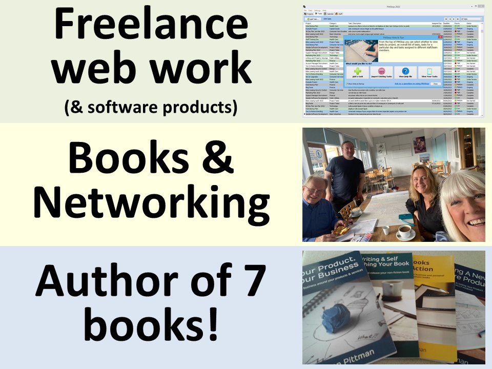 LibraryPlayer's tweet photo. My main work (that pays my bills) is my freelance web work - mainly working with sole traders and one person businesses supporting existing websites, e.g. fixing problems, changes, etc.
I also organise a business book group, and written 7 books!
#bizitalk #smallbusiness #sbutd https://t.co/7JDOFthra9