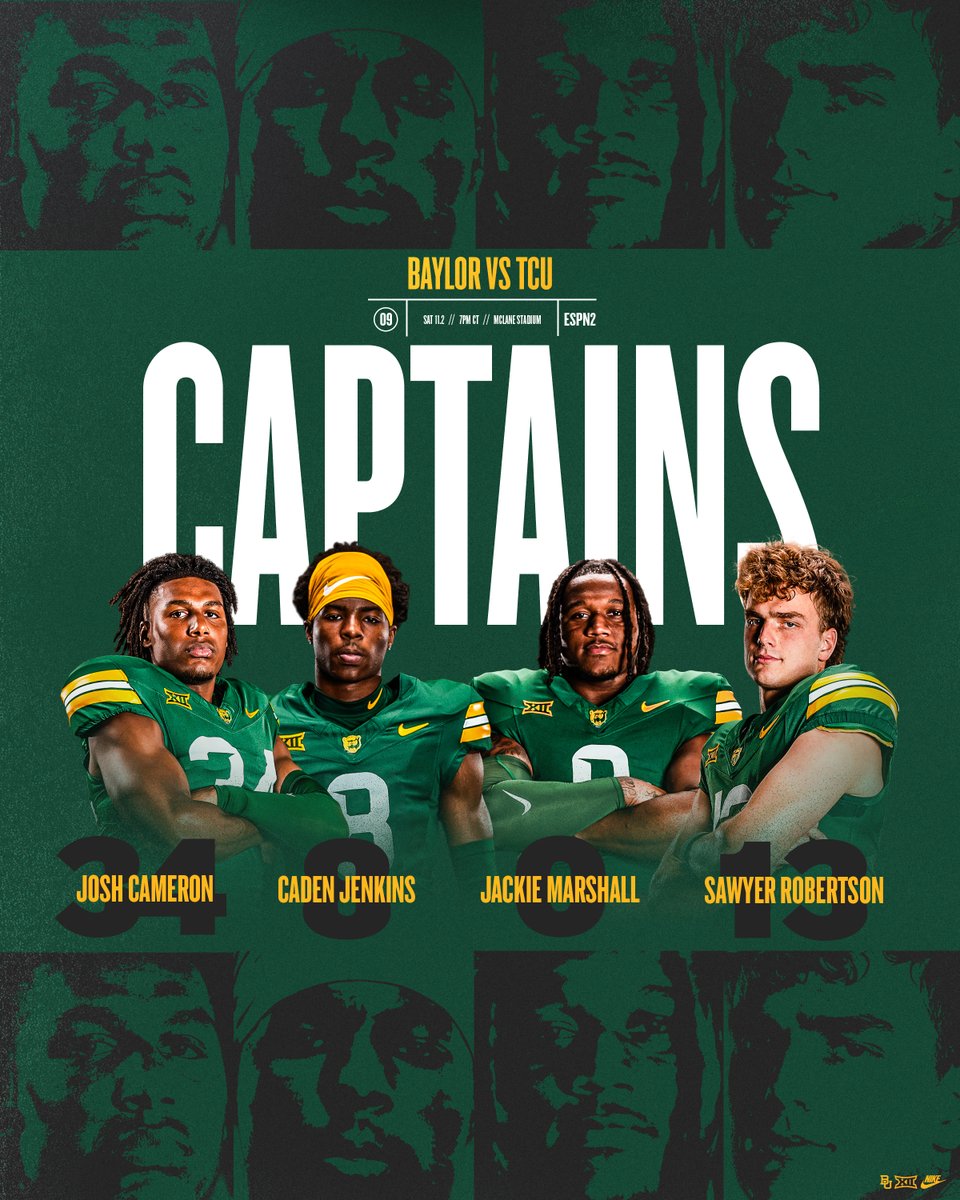 Baylor Football (@bufootball) on Twitter photo Game 9⃣ captains vs TCU.
⬛️ <a href="/Josh_Cameron34/">Josh Cameron</a>
⬛️ <a href="/cadenjenkins8/">caden jenkins (slim reaper ✞.)</a>
⬛️ Jackie Marshall
⬛️ <a href="/SawRobertson12/">Sawyer Robertson ⚡️</a>
#SicEm Game 9⃣ captains vs TCU.
⬛️ <a href="/Josh_Cameron34/">Josh Cameron</a>
⬛️ <a href="/cadenjenkins8/">caden jenkins (slim reaper ✞.)</a>
⬛️ Jackie Marshall
⬛️ <a href="/SawRobertson12/">Sawyer Robertson ⚡️</a>
#SicEm