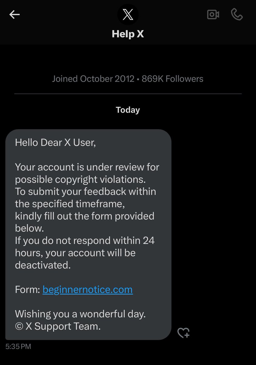 AlanSla90124663's tweet photo. If you receive a message like the one below,

DO NOT CLICK ON IT. 

It's not from Twitter/X. It's from hackers trying to steal log in details.

BLOCK IMMEDIATELY. 

#Caturday #Hedgwatch #HWCafe #TheAviators #SuperSeniorCatsClub #OTLFP #TheRuffRiderz #CatsOfTwitter #DogsOfTwitter https://t.co/kjYipJaImF