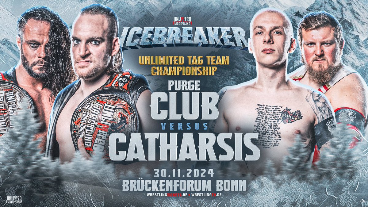 Zwei Teams haben sich im letzten Jahr neu erfunden.
Ein Team hält jetzt – erneut – die Tag Team Championship.
Das andere will – erneut – die Tag Team Championship.

30.11.24
#Bonn
Purge Club vs. Catharsis – Das nächste Level