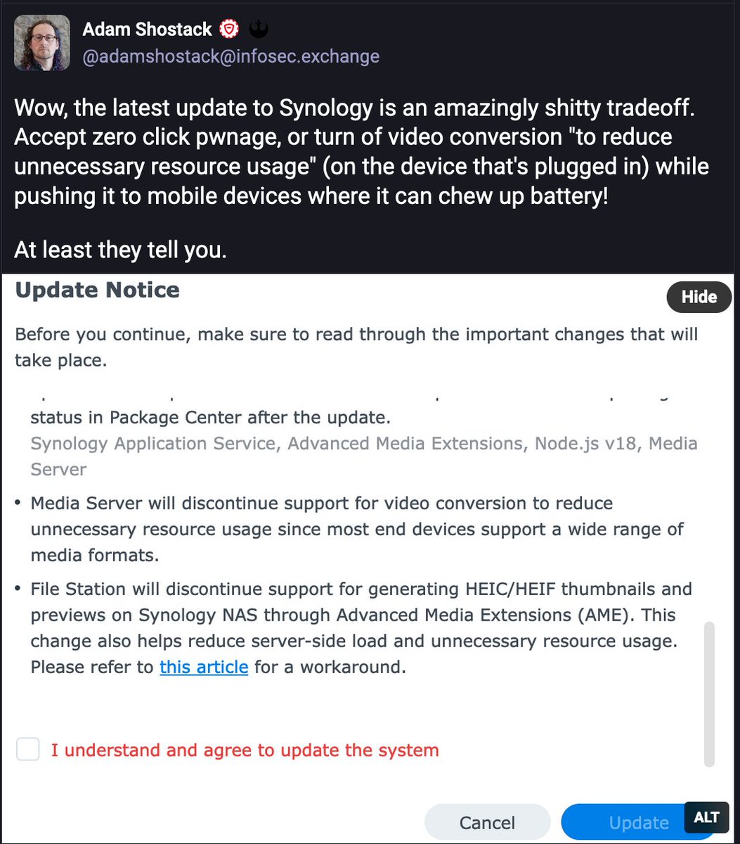 Kim Zetter (@kimzetter) on Twitter photo Synology created a patch to address the zero-click vulnerability that researchers at <a href="/midnightbluelab/">Midnight Blue</a> found, but <a href="/adamshostack/">adam shostack</a> spotted this explanation about the patch: Synology created a patch to address the zero-click vulnerability that researchers at <a href="/midnightbluelab/">Midnight Blue</a> found, but <a href="/adamshostack/">adam shostack</a> spotted this explanation about the patch: