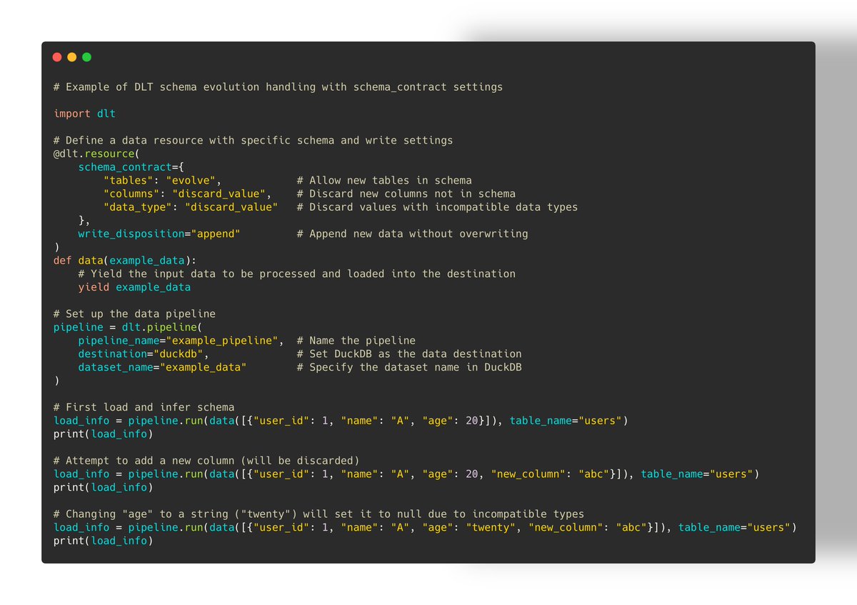 Alejandrogbu's tweet photo. Today I tested how to handle changes in data schema with @dltHub. It manages tables, columns, and data types based on simple settings. It’s easy, and it automatically saves schema versions. This will save me some extra work in the future. Here’s an example 👇 https://t.co/paBwLEwKRK
