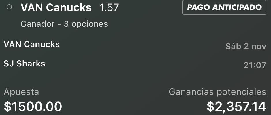 SistemaZcode's tweet photo. Hoy vamos con esta para la @NHL
Que haya suerte 🍀
@Canucks @SanJoseSharks
#zcode #prediccionesdeportivas #apuestasdeportivas #zcodetools #prediccionesgratuitas https://t.co/KzXRFg1Aqd