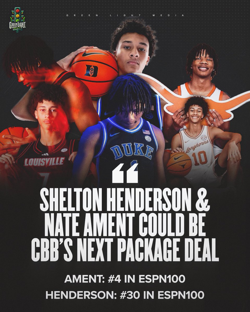 greenlightbball's tweet photo. With 2025 5⭐️ Shelton Henderson’s commitment slated to happen a couple hours from now, could you see a package deal happening again this recruiting cycle? 🤔🔥

Henderson & 5⭐️ Nate Ament have been visiting campuses together after competing together on the @FIBA U17 squad 👀

Each prospect holds offers from @LouisvilleMBB, @TexasMBB & @DukeMBB ⏳