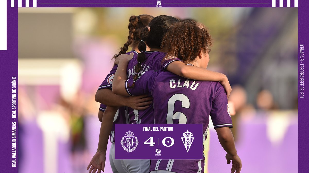 🔚 ¡FINAAAAAAL!

El #RVSimancas suma su cuarto triunfo consecutivo 💜

⚽️ Aitana, Duque y Claudia (2) marcaron para doblegar al <a href="/RealSportingFem/">Real Sporting Femenino</a> B en esta novena jornada en Tercera RFEF

#pucela