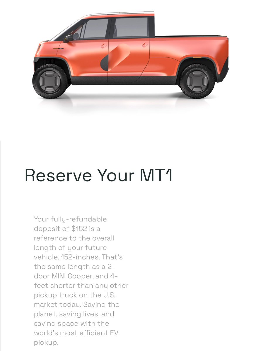 TELOtrucks's tweet image. If you want a Telo in the next 3 years… you’ll need a deposit soon. Line is growing! To be clear:

-All deposits for Telo are fully refundable.

-We don’t touch any money used for pre orders. All held in escrow.

-It’s $152 to reference the length (152”)

telotrucks.com/pre-order