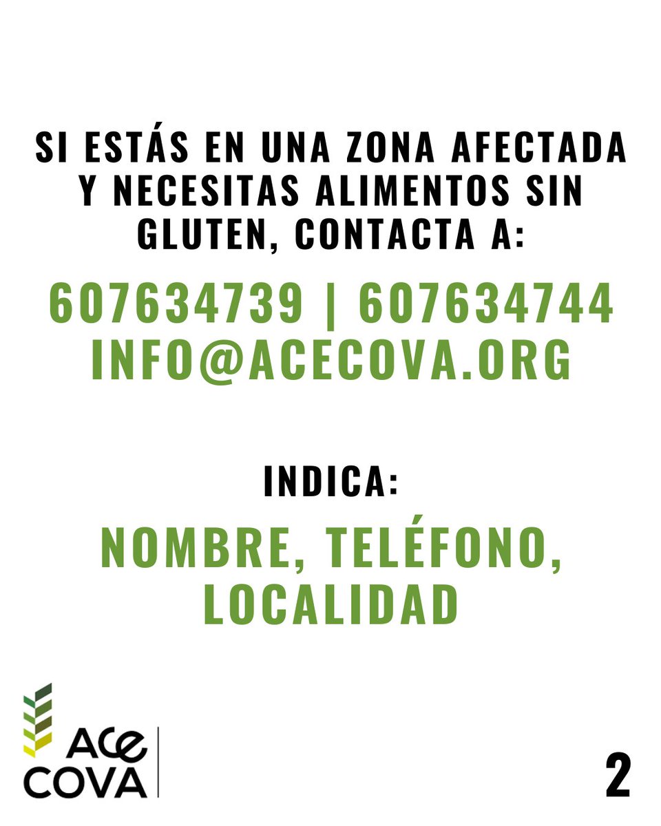 Singlutenismo's tweet photo. #celíacos y sensibles al #gluten afectados por la #Dana, @Acecova está canalizando la ayuda para que os llegue. Singlutenistas que queréis ayudar: aportad, difundid, echad una mano 👇🏼 https://t.co/tb8fs11iXU
