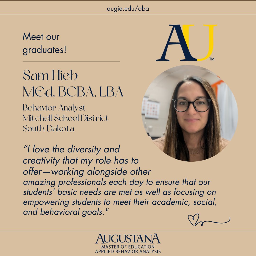 augie_aba's tweet photo. We're pleased to highlight Sam Hieb from the Mitchell, SD, School District! Sam was in our first cohort of students, and she has the special distinction of being our first graduate to pass the BCBA exam—in February. Yay, Sam! 😊 https://t.co/HdrhegEOie