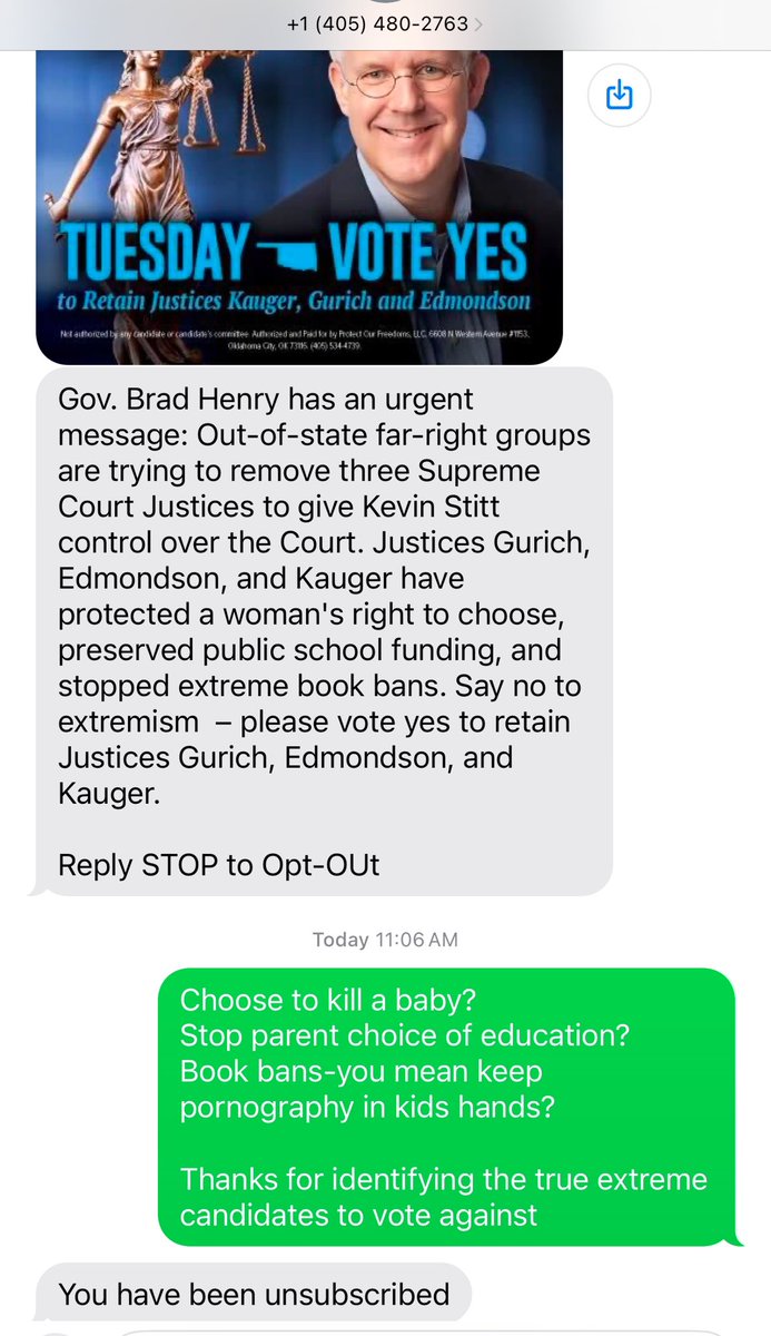 These political spam texts are quite useful if you think about it. 🤔

In one text, we learn that Governor Brad, Henry and three Supreme Court justices are on the extreme left and want to:
1. Kill unborn children
2. Are against school choice which prevents parents from being able