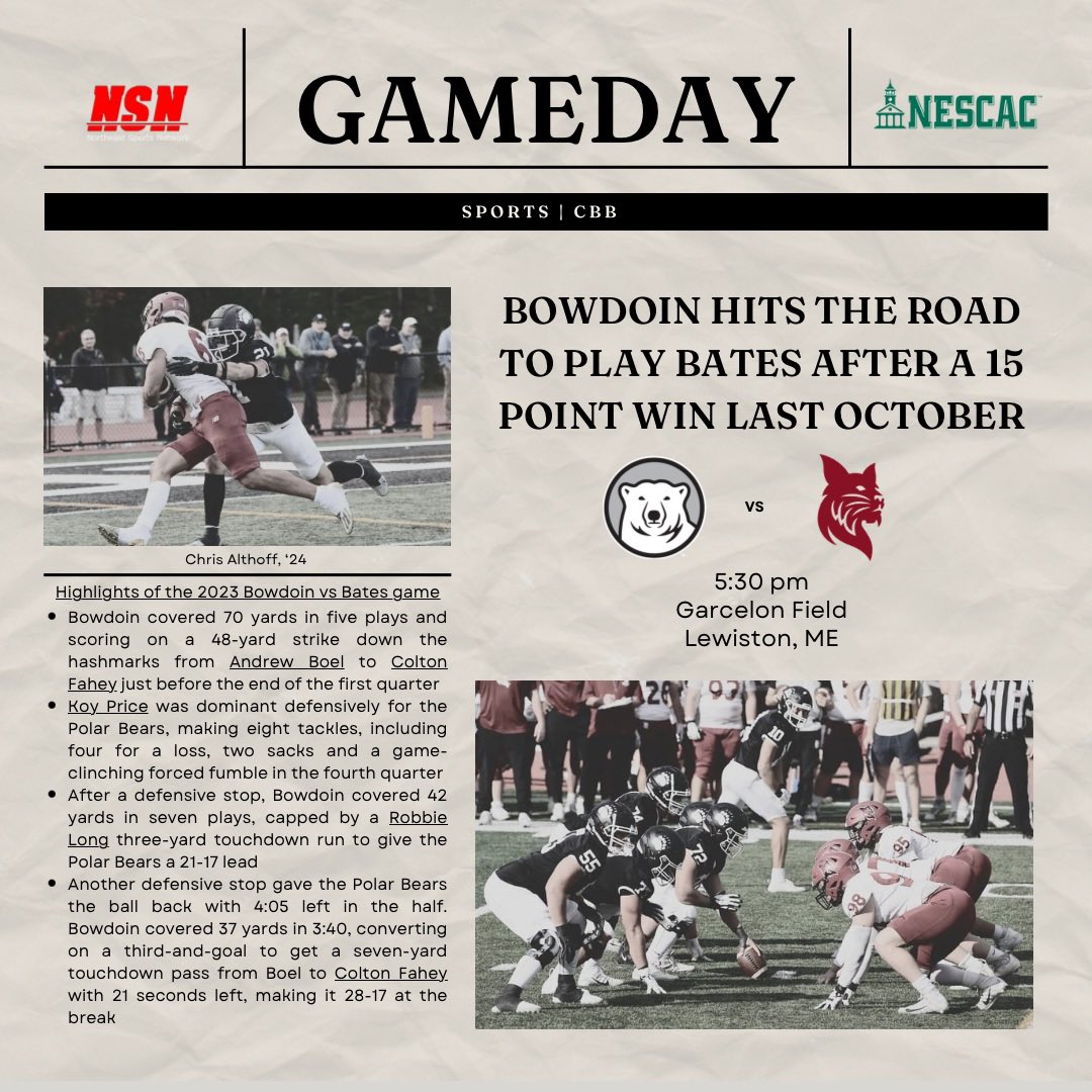 BowdoinFB's tweet image. IT’S GAMEDAY!!!! 

We are back in Maine for our first CBB game💪🐻‍❄️

🔗Livestream link in bio‼️

#goubears #bowdoincollege #bowdoinfootball