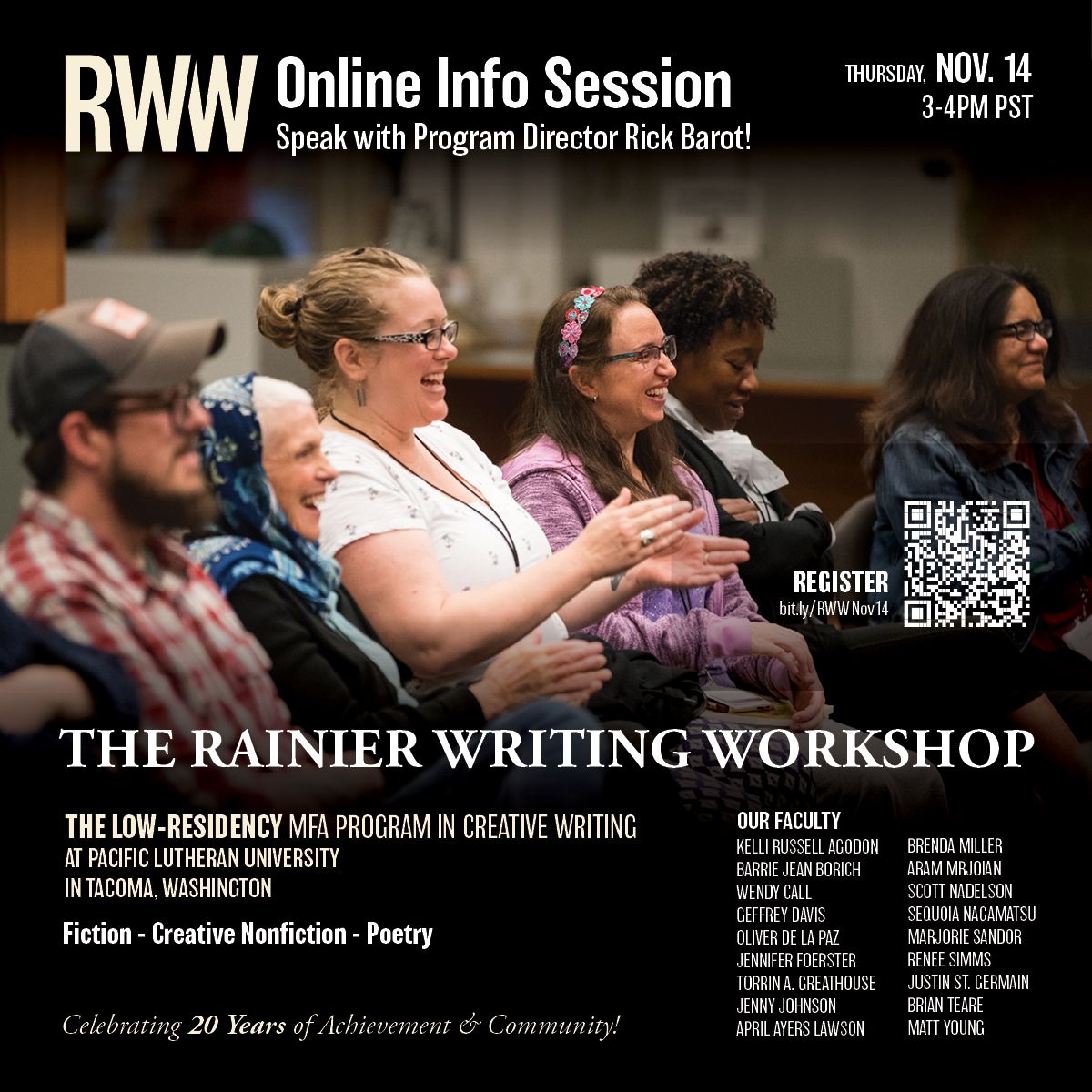 Looking for a low-residency #MFA? Join us Thursday, November 14, 3-4 p.m., to learn more about the Rainier Writing Workshop and what makes our program unique. Sign up for the webinar here: buff.ly/4eiA4sy.

#PLU #RWW