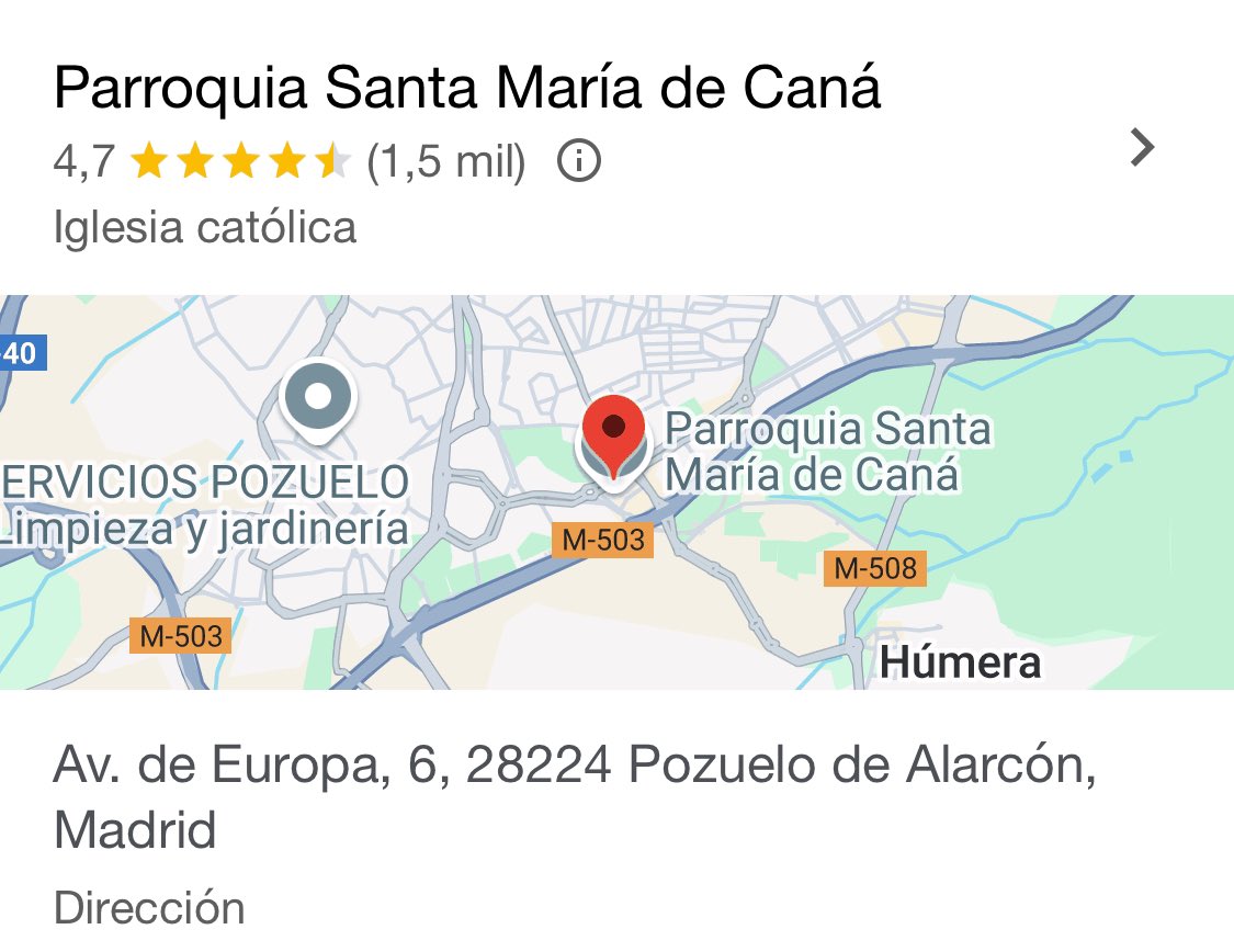 🔴PUNTO DE ENTREGA: Parroquia de Santa María de Caná. Av. de Europa 6. 28224, Pozuelo de Alarcón, Madrid. 
🔴Horario: Desde el sábado 2 de noviembre hasta el lunes 4 de noviembre de 9h a 14 h y de 16h a 21h. Nuestros voluntarios de Valencia nos piden medicamentos y productos de