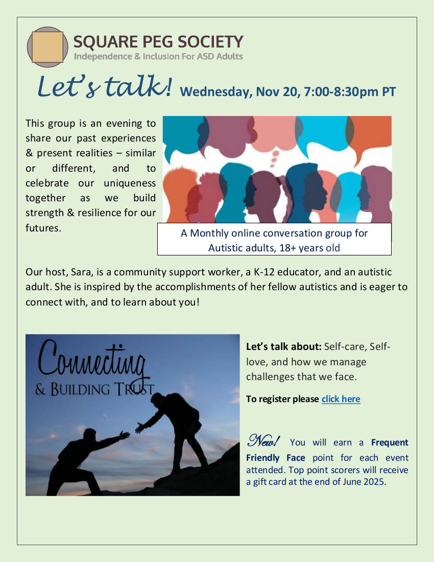 SquarePegSo's tweet photo. Let’s talk!

November 20 @ 7:00 pm - 8:30 pm PST

To share our past experiences &amp; present realities – similar or different, and to celebrate our uniqueness together as we build strength &amp; resilience for our futures.

Register at: https://t.co/Jsj9VKmlWK https://t.co/FgFZsmUN15